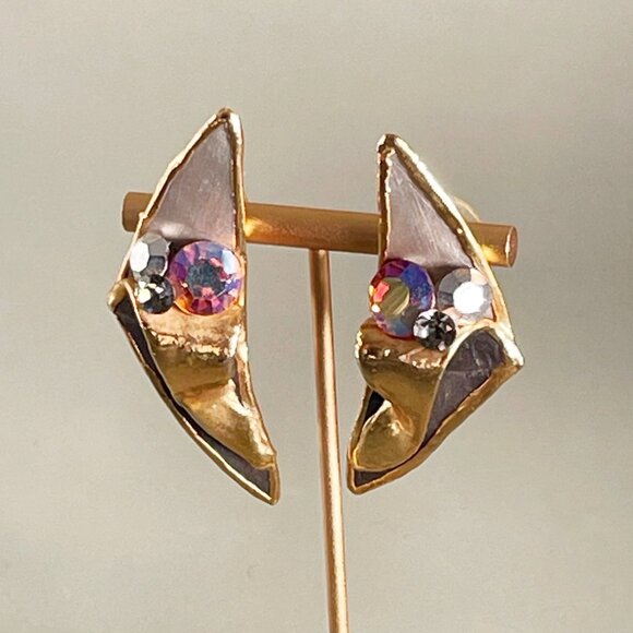 Vintage Amy Lacombe Jeweled Clay Earrings Hand Painted Hand Sculpted Signed 1988 - Picture 7 of 7